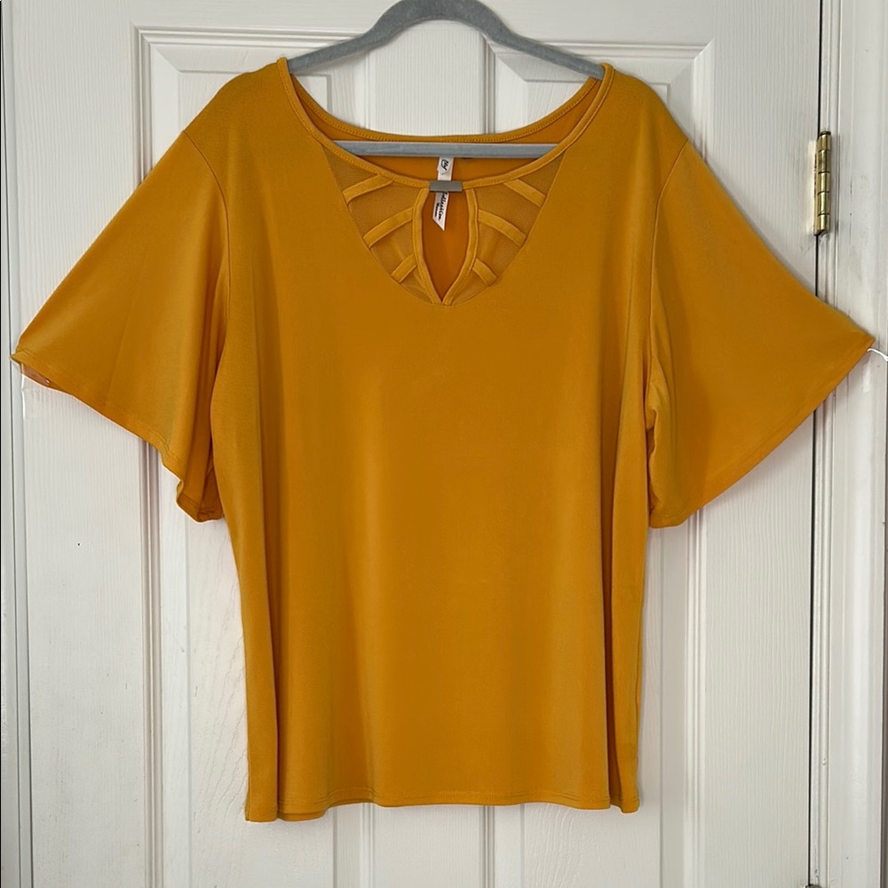 New York Collection - Yellow Flutter Sleeve Blouse with Cut Out Neckline